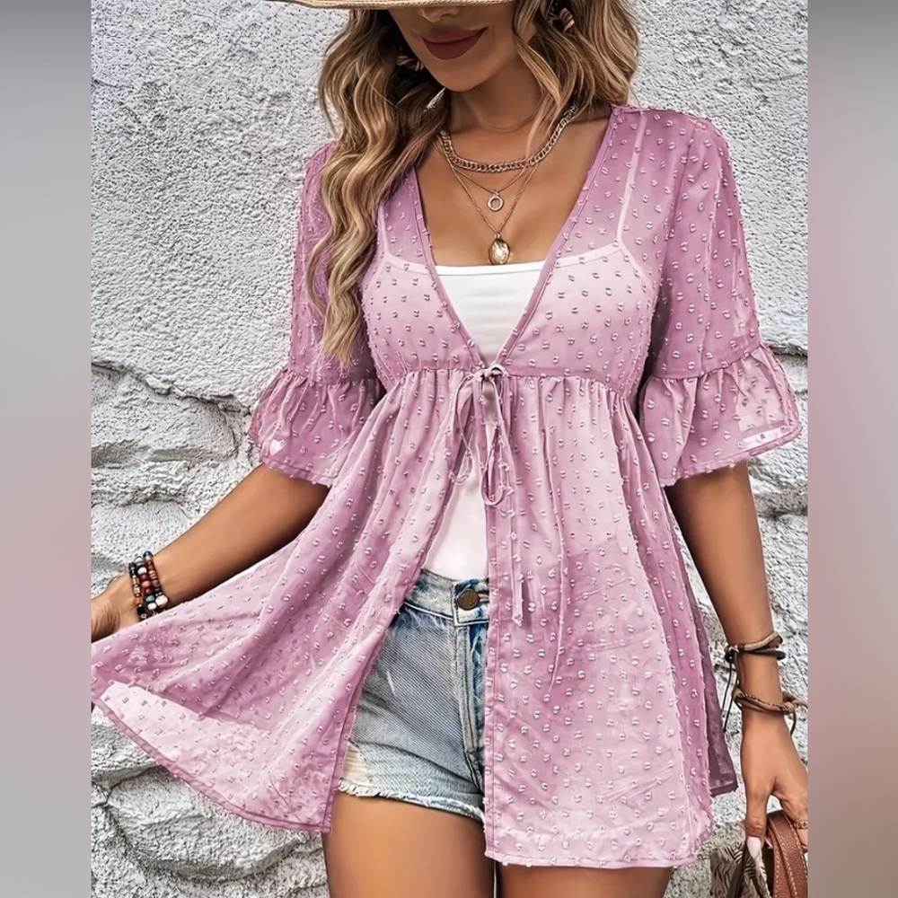 Women’s Dusty Purple Rose Polka Dot Mesh Bell Sleeve Loose Top W/Front Pleat Tie
